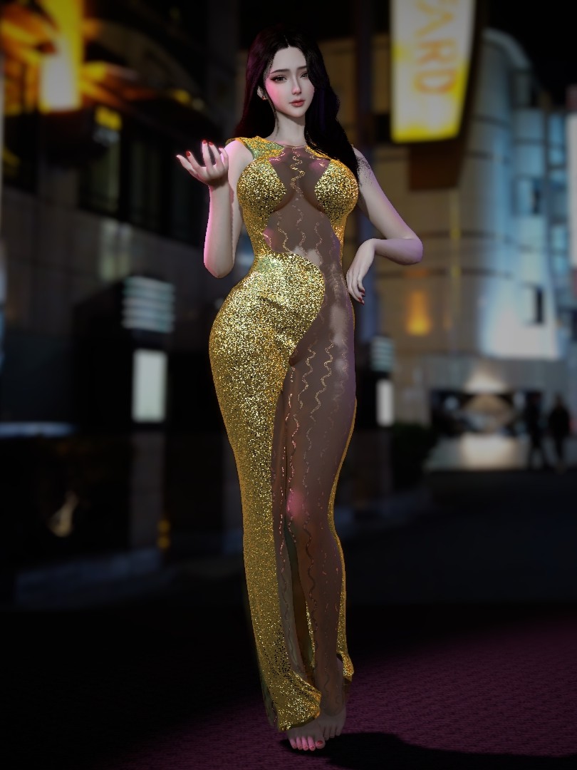 Translucent dress with golden thread long skirt